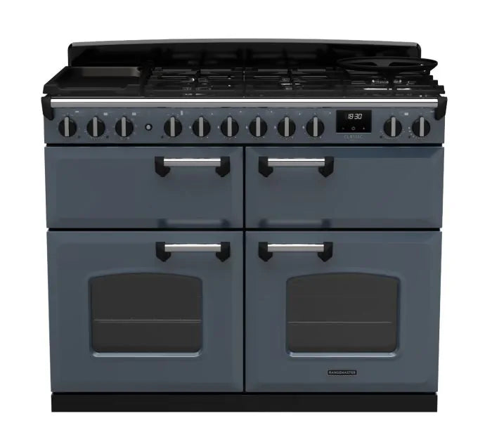 Rangemaster Classic Deluxe 110cm Dual Fuel Range Cooker (Slow Cook) - Stone Blue & Chrome | CLDLB110DFPSTB/CM1