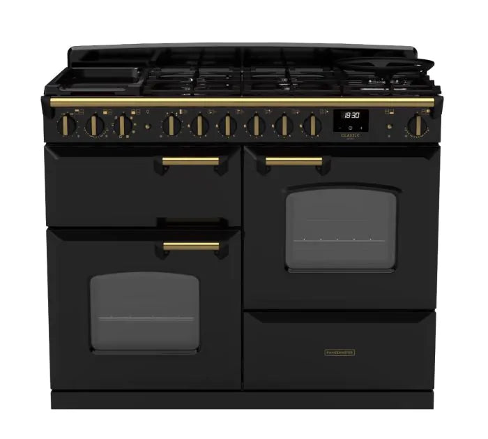 Rangemaster Classic Deluxe 110cm Dual Fuel Range Cooker - Glossy Black & Brass | CLDLO110DFPGBL/AB1