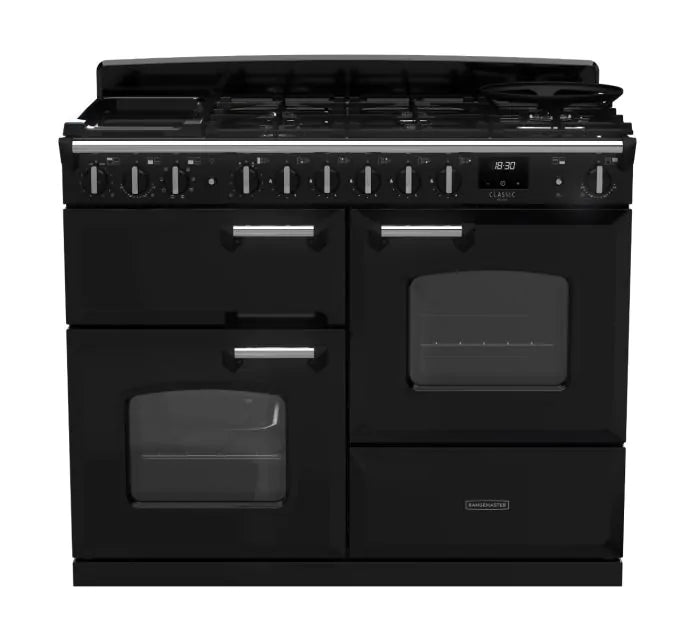Rangemaster Classic Deluxe 110cm Dual Fuel Range Cooker - Glossy Black & Chrome | CLDLO110DFPGBL/CM1