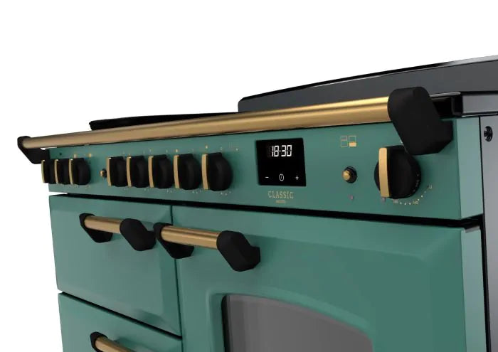 Rangemaster Classic Deluxe 110cm Induction Range Cooker - Mineral Green & Brass | CLDLO110EIPMGR/AB1