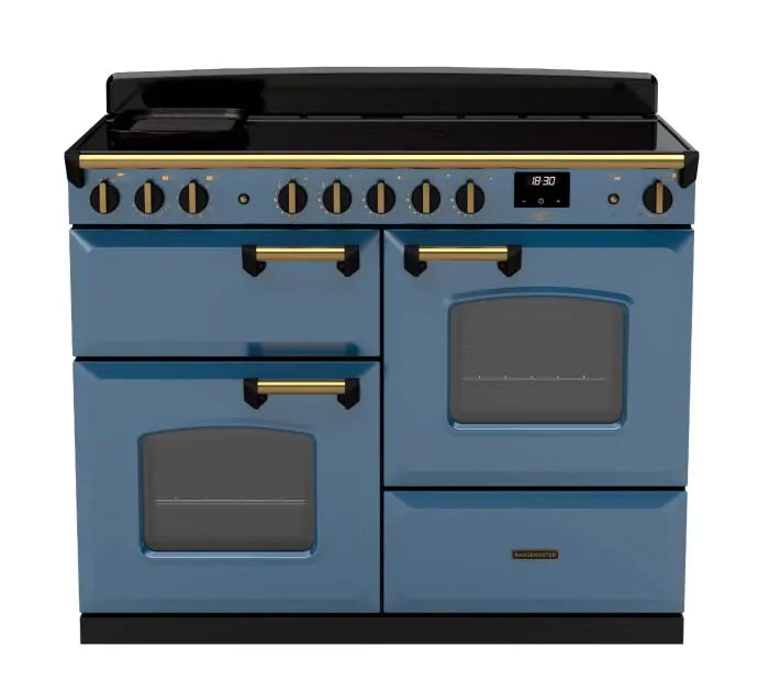 Rangemaster Classic Deluxe 110cm Induction Range Cooker - Stone Blue & Brass | CLDLO110EIPSTB/AB1