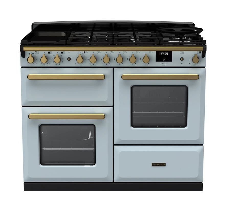 Rangemaster Estel Deluxe 110cm Dual Fuel Range Cooker - Misty Blue & Brass | ESDLO110DFPMSB/AB1