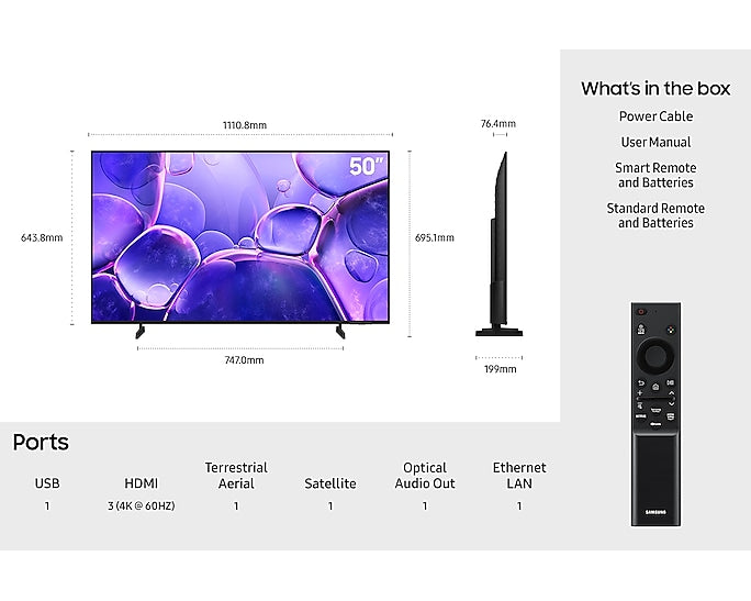 Samsung 50" Crystal UHD 4K HDR Smart TV (2025) | UE50U8000FKXXU