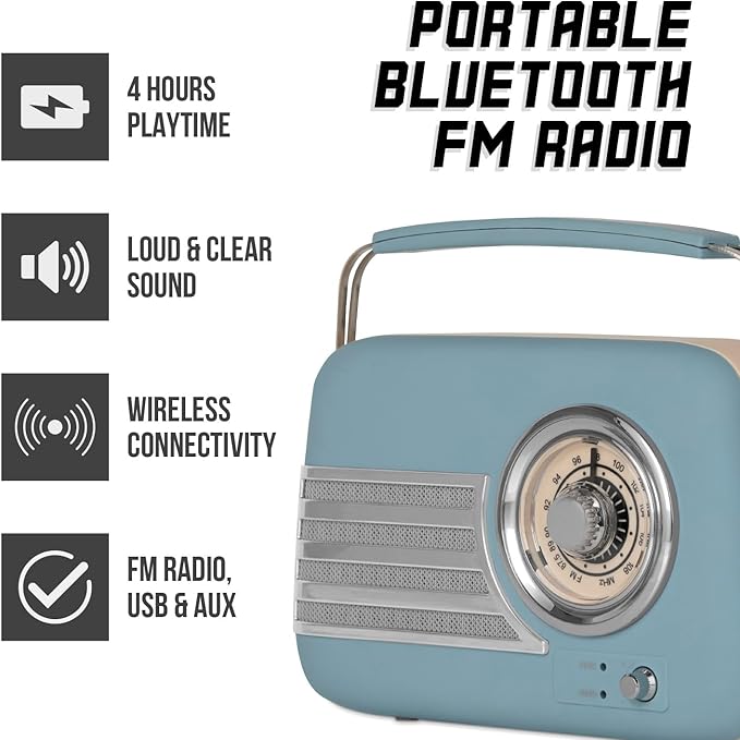 iTek AM/FM Vintage Radio With Bluetooth Blue I60028BLU