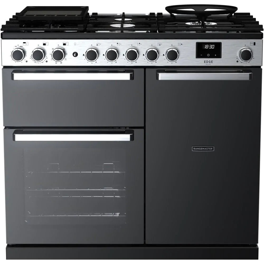 Rangemaster Edge 100cm Dual Fuel Range Cooker - Glossy Black & Chrome | EDDL100DFGBLK/CM1