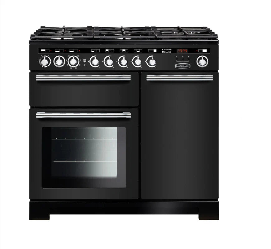 Rangemaster Encore 100cm Dual Fuel Range Cooker - Charcoal Black & Chrome | EDL100DFFCB/C