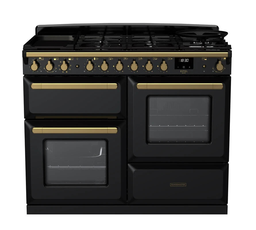Rangemaster Estel Deluxe 110cm Dual Fuel Range Cooker - Gloss Black & Brass | ESDLO110DFPGBL/AB1