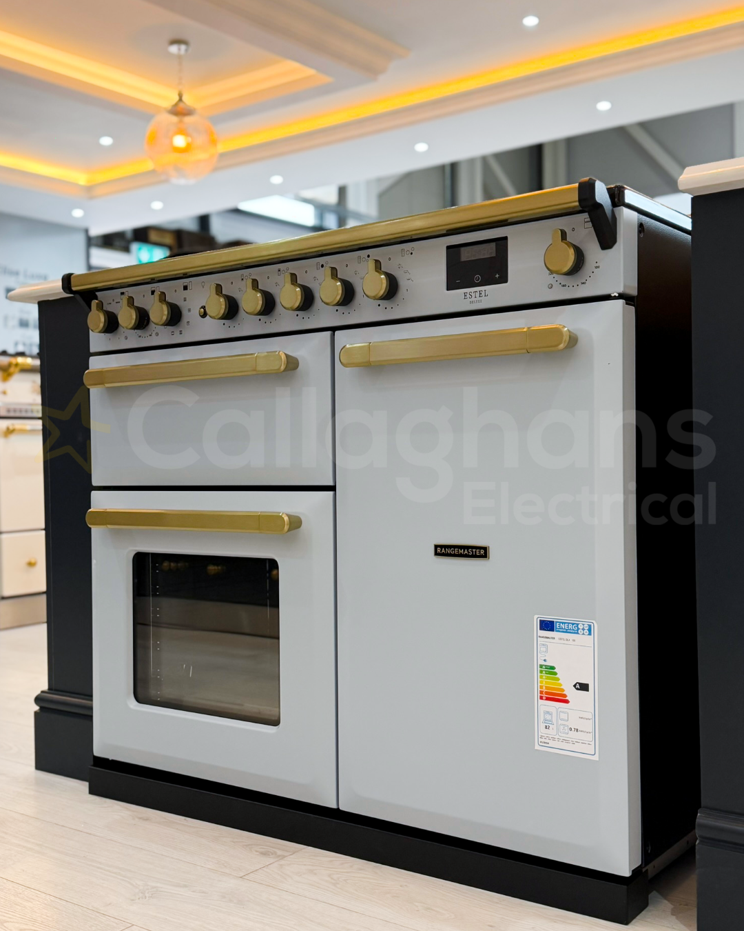 Rangemaster Estel 90cm Induction Range Cooker - Misty Blue & Brass | ESDL90EIPMSB/AB1