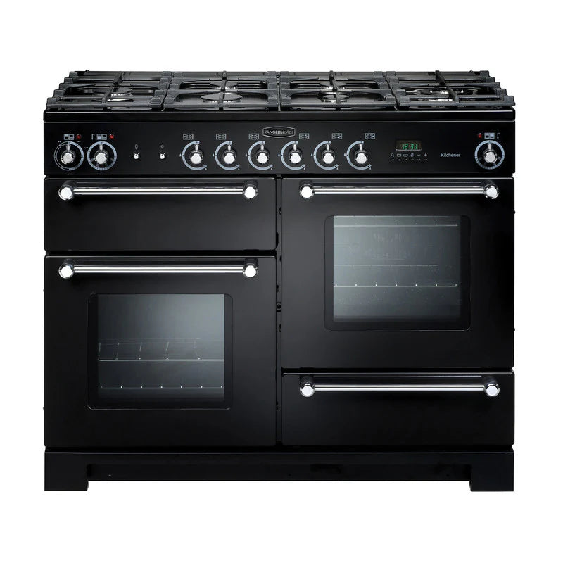 Rangemaster Kitchener 110cm Dual Fuel Range Cooker - Black & Chrome | KCH110DFFBL/C