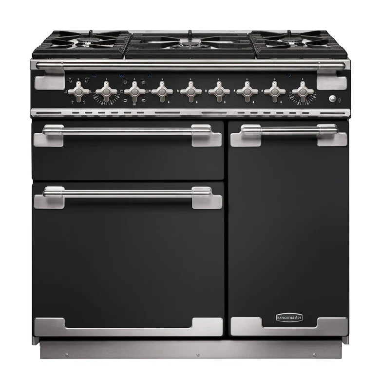 Rangemaster Elise 90cm Dual Fuel Range Cooker - Charcoal Black & Brushed Nickel | ELS90DFFCB/