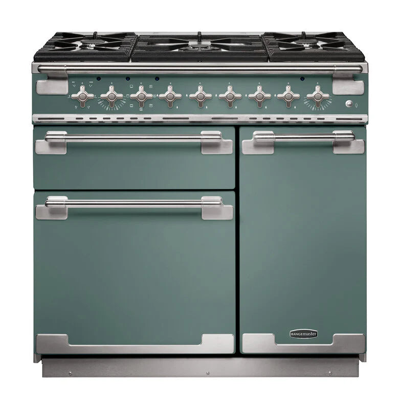 Rangemaster Elise 90cm Dual Fuel Range Cooker - Mineral Green & Brushed Nickel | ELS90DFFMG/