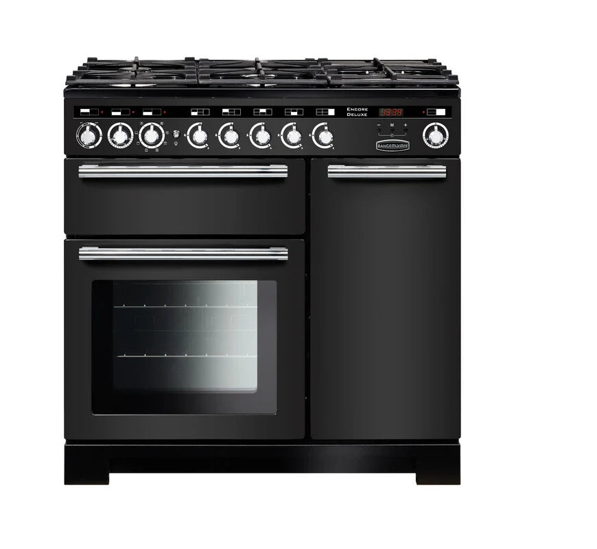 Rangemaster Encore 90cm Dual Fuel Range Cooker - Charcoal Black & Chrome | EDL90DFFCB/C