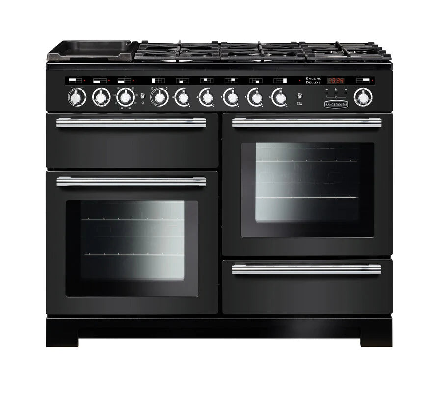 Rangemaster Encore Deluxe 110cm Dual Fuel Range Cooker - Charcoal Black & Chrome | EDL110DFFCB/C
