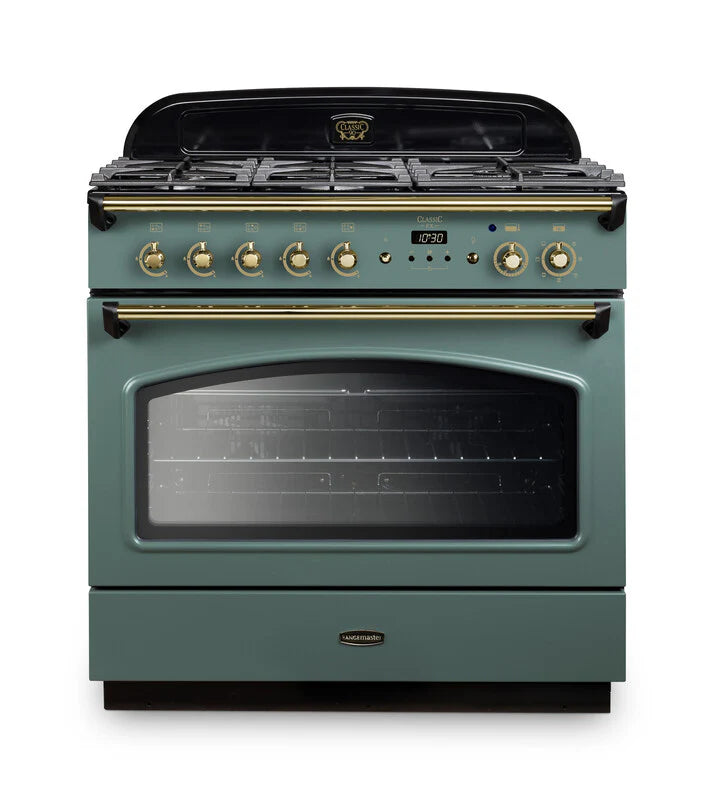 Rangemaster Classic FX 90cm Dual Fuel Range Cooker - Mineral Green & Brass | CLAS90FXDFFMG/B