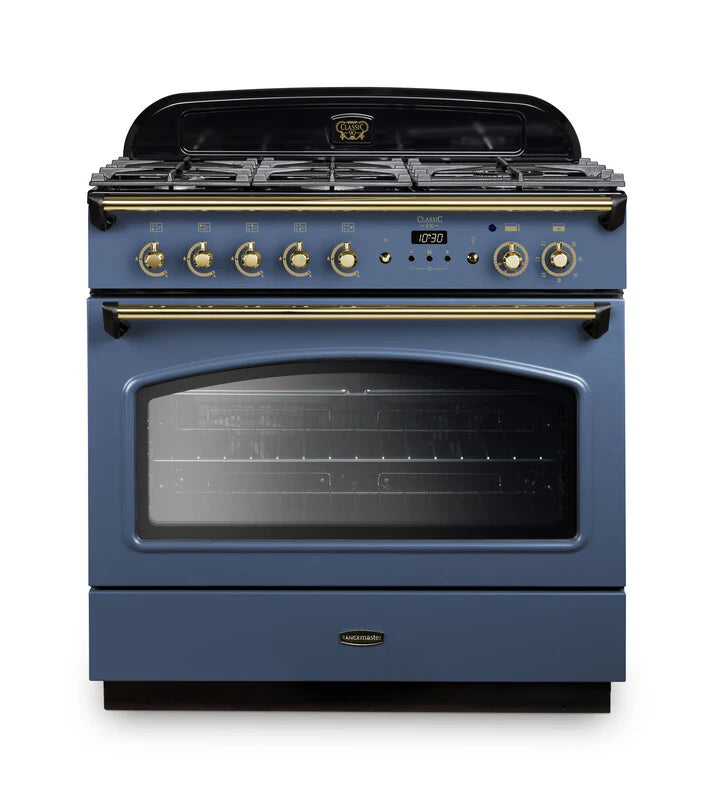 Rangemaster Classic FX 90cm Dual Fuel Range Cooker - Stone Blue & Brass | CLAS90FXDFFSB/B