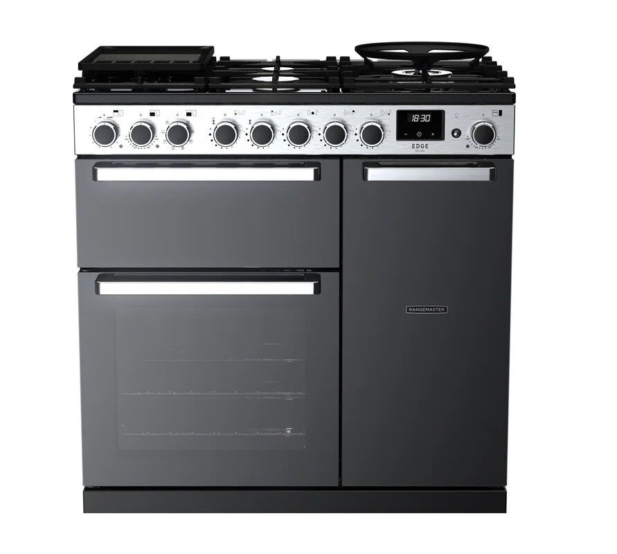 Rangemaster Edge 90cm Dual Fuel Range Cooker - Glossy Black & Chrome | EDDL90DFGBLK/CM1
