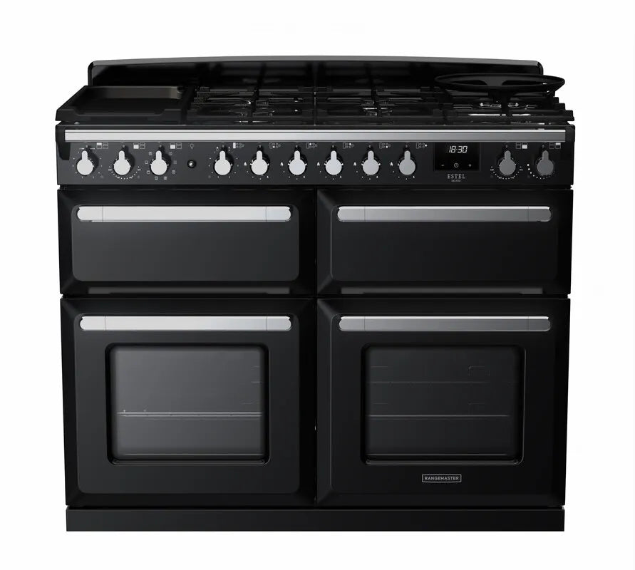 Rangemaster Estel Deluxe 110cm Dual Fuel Range Cooker (Slow Cook) - Glossy Black & Chrome | ESDLB110DFPGBL/CM1