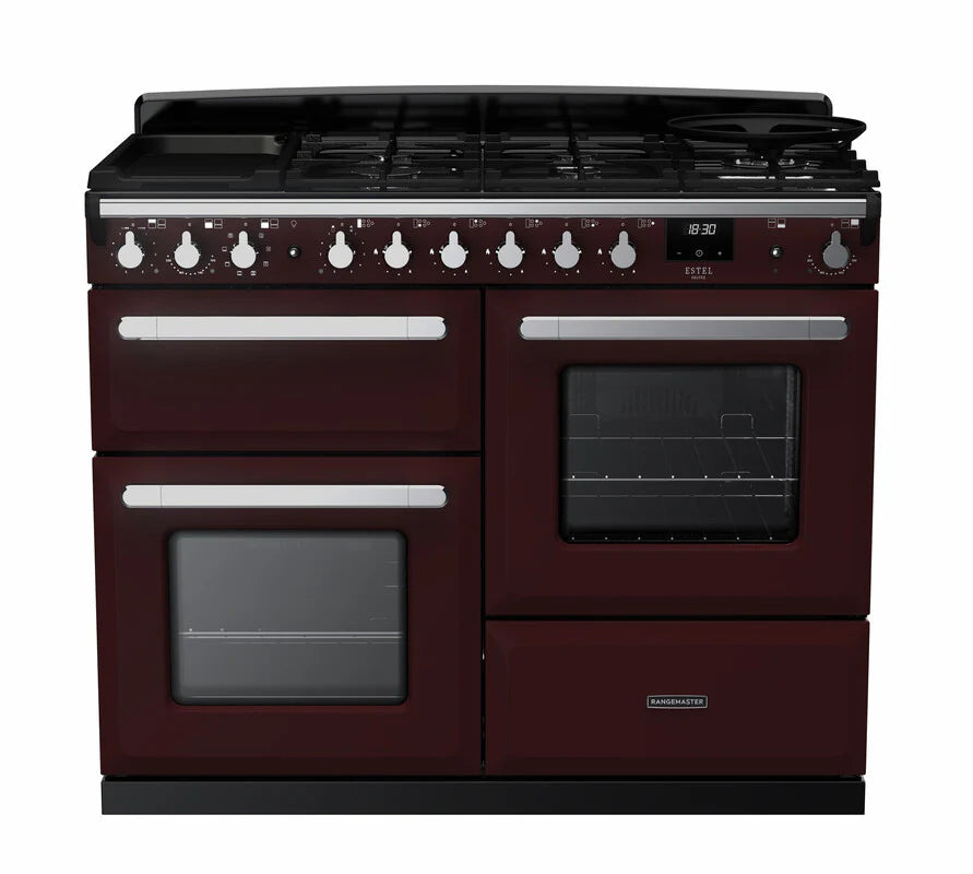 Rangemaster Estel 110cm Dual Fuel Range Cooker - Bordeaux & Chrome | ESDLO110DFPBOR/CM1