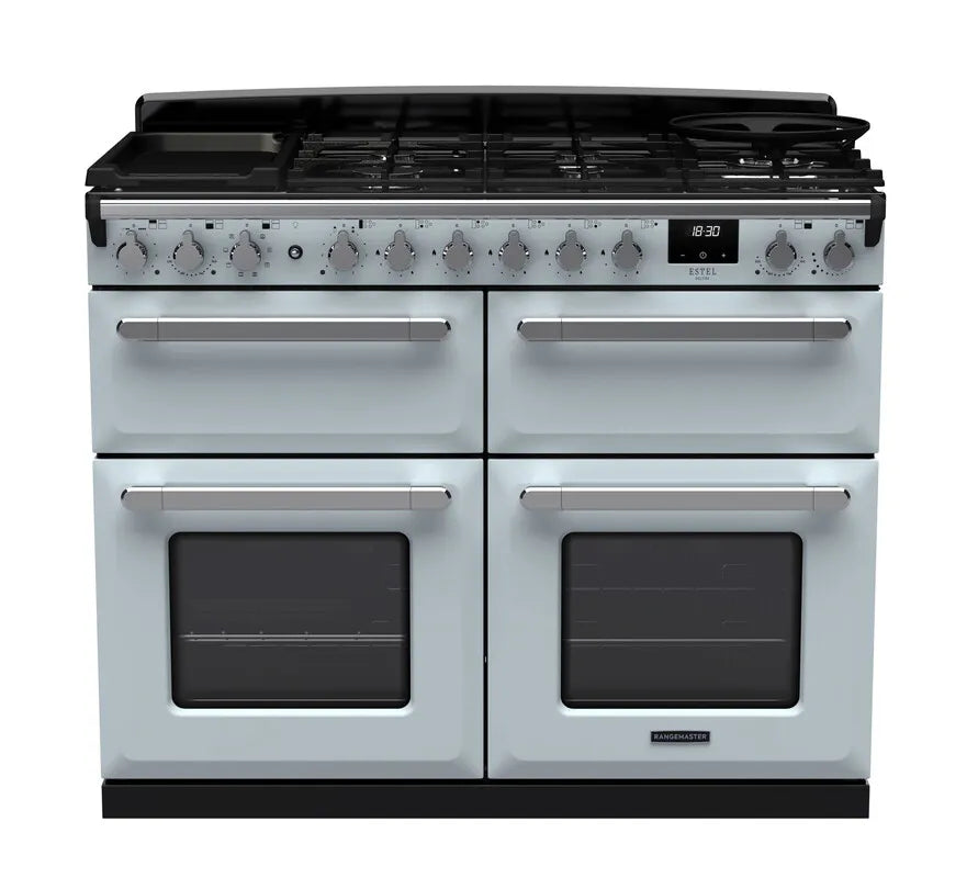 Rangemaster Estel Deluxe 110cm Dual Fuel Range Cooker (Slow Cook) - Misty Blue & Chrome | ESDLB110DFPMSB/CM1