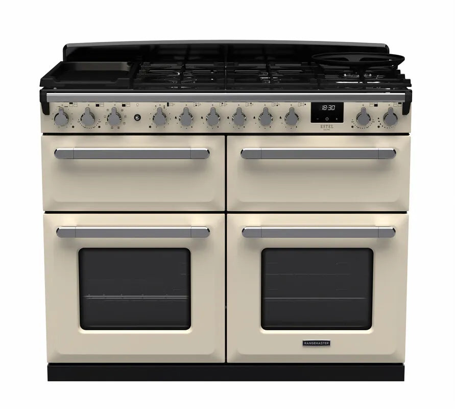 Rangemaster Estel Deluxe 110cm Dual Fuel Range Cooker (Slow Cook) - Pale Cream & Chrome | ESDLB110DFPPCR/CM1