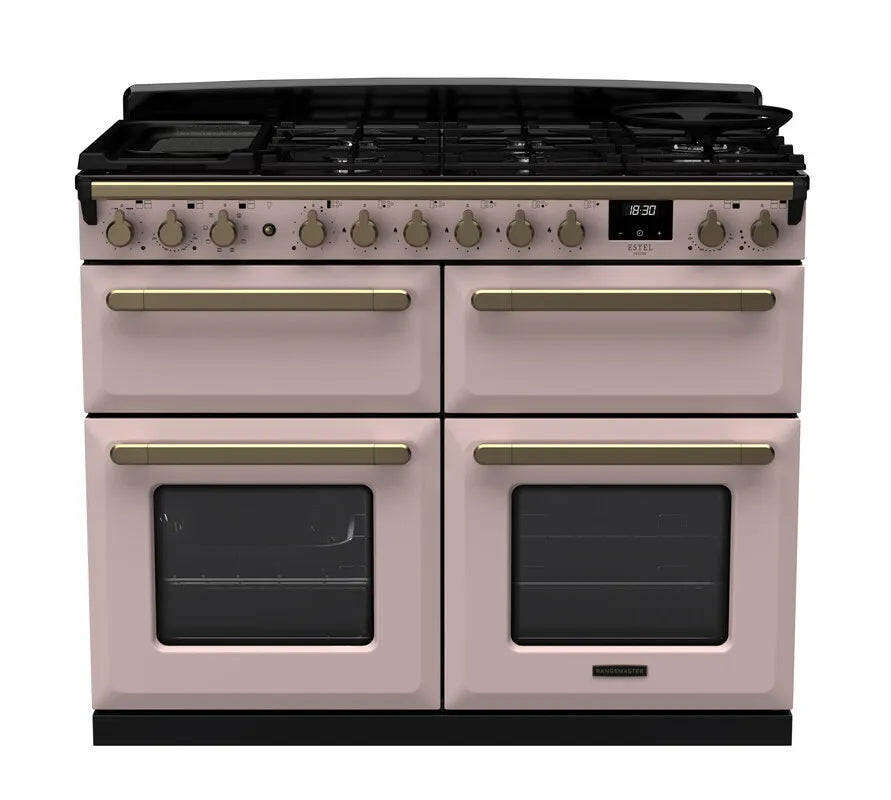 Rangemaster Estel Deluxe 110cm Dual Fuel Range Cooker (Slow Cook) - Pale Pink & Brass | ESDLB110DFPPPK/AB1