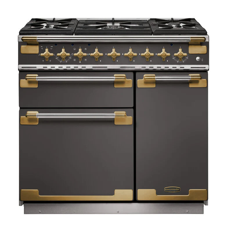 Rangemaster Elise Luxe 90cm Dual Fuel Range Cooker Black Edition - Slate & Brass | ELS90DFFSL/AB