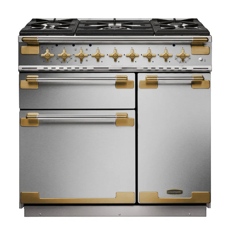 Rangemaster Elise 90cm Dual Fuel Range Cooker Black Edition - Stainless Steel & Brass | ELS90DFFSS/AB