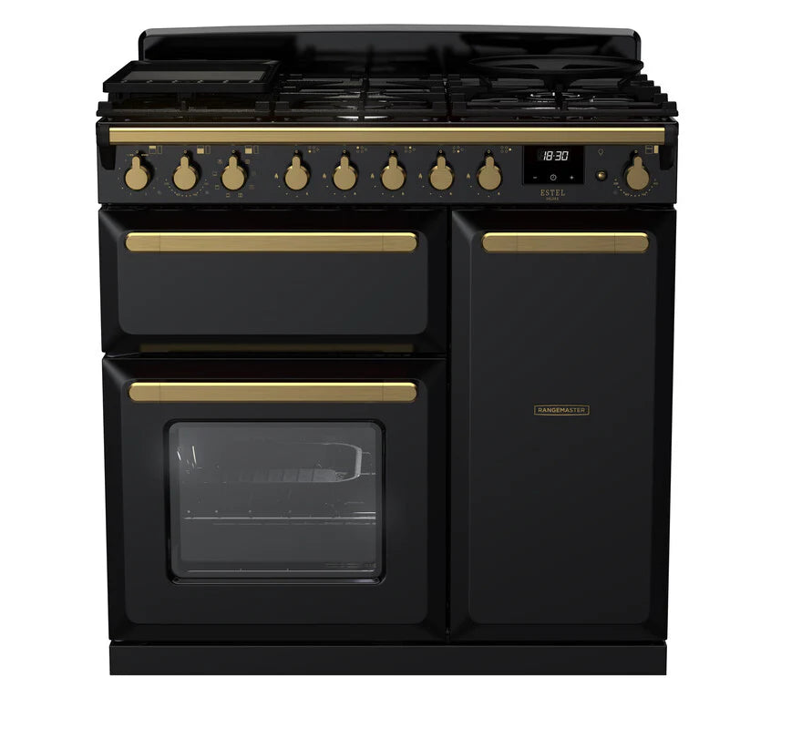 Rangemaster Estel 90cm Dual Fuel Range Cooker - Glossy Black & Brass | ESDL90DFPGBL/AB1