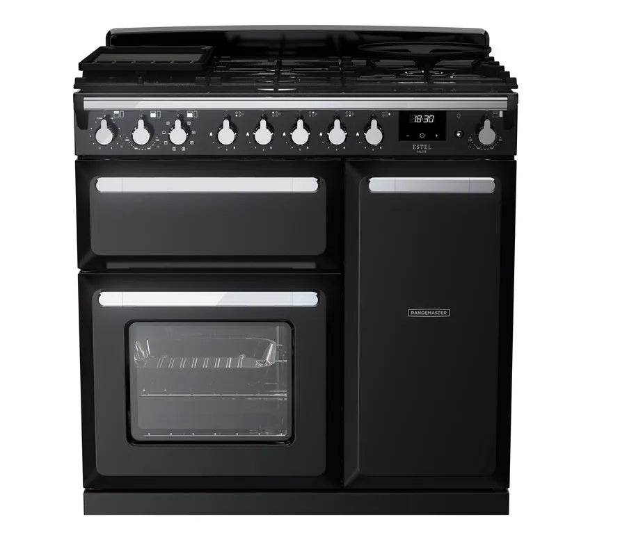 Rangemaster Estel 90cm Dual Fuel Range Cooker - Glossy Black & Chrome | ESDL90DFPGBL/CM1
