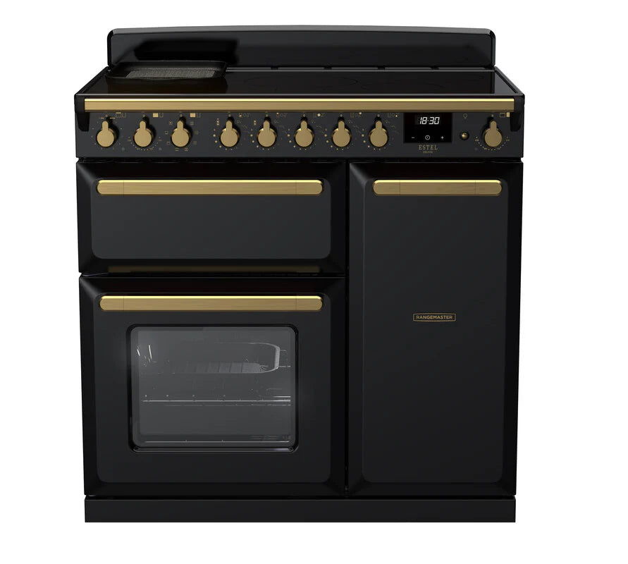 Rangemaster Estel 90cm Induction Range Cooker - Glossy Black & Brass | ESDL90EIPGBL/AB1