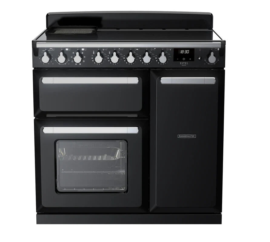 Rangemaster Estel 90cm Induction Range Cooker - Glossy Black & Chrome | ESDL90EIPGBL/CM1
