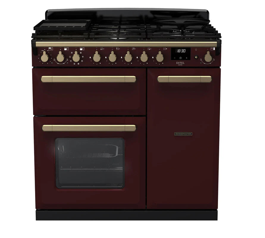 Rangemaster Estel 90cm Dual Fuel Range Cooker - Bordeaux & Brass | ESDL90DFPBOR/AB1