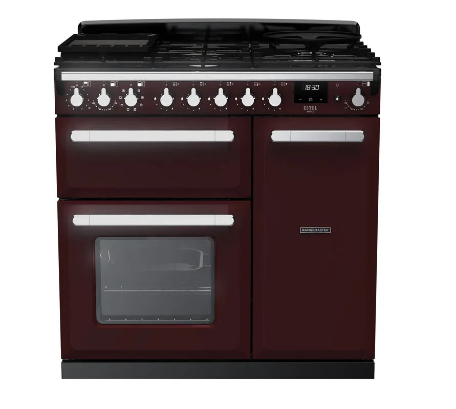 Rangemaster Estel 90cm Dual Fuel Range Cooker - Bordeaux & Chrome | ESDL90DFPBOR/CM1
