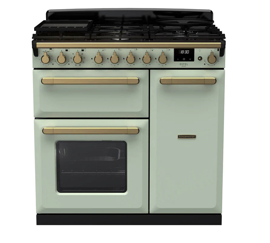 Rangemaster Estel 90cm Dual Fuel Range Cooker - Mint Green & Brass | ESDL90DFPMNT/AB1