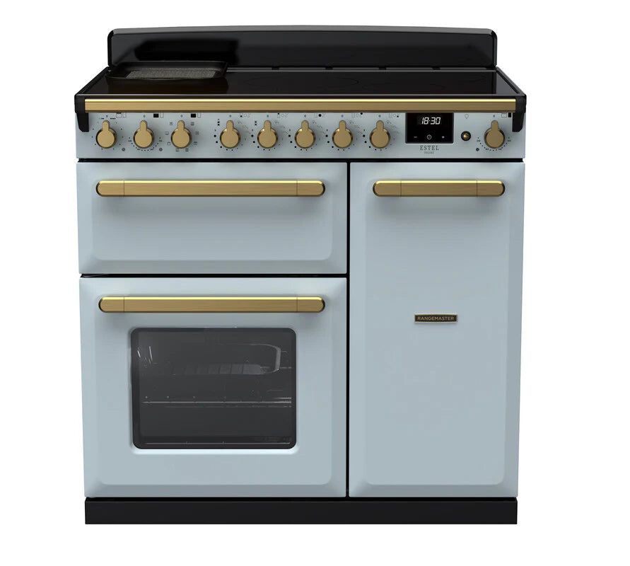 Rangemaster Estel 90cm Induction Range Cooker - Misty Blue & Brass | ESDL90EIPMSB/AB1