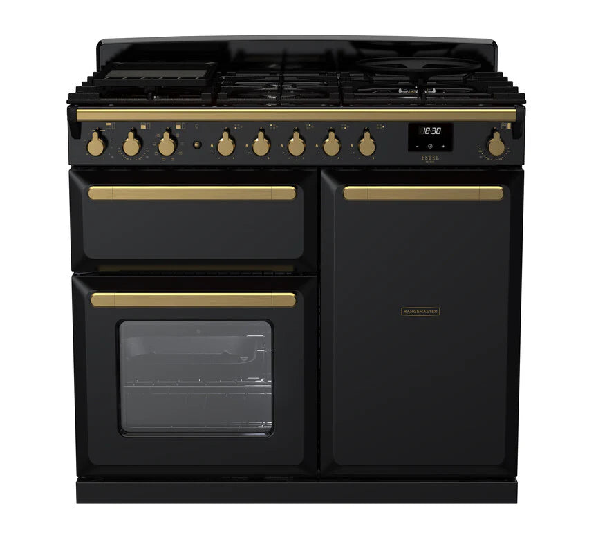 Rangemaster Estel Deluxe 100cm Dual Fuel Range Cooker - Black & Brass | ESDL100DFPGBL/AB1