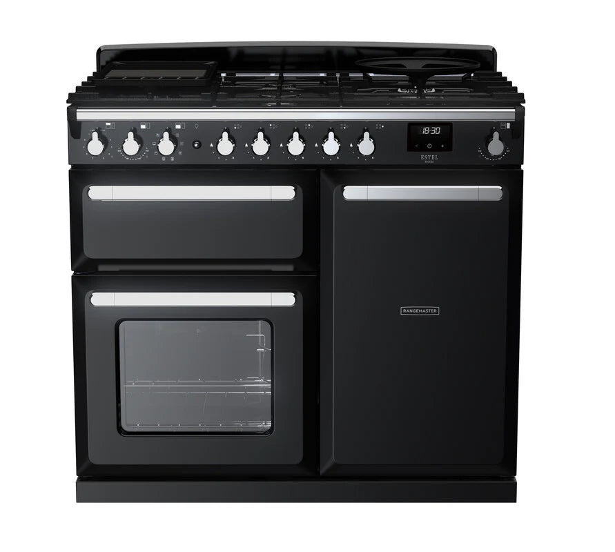 Rangemaster Estel Deluxe 100cm Dual Fuel Range Cooker - Black & Chrome | ESDL100DFPGBL/CM1
