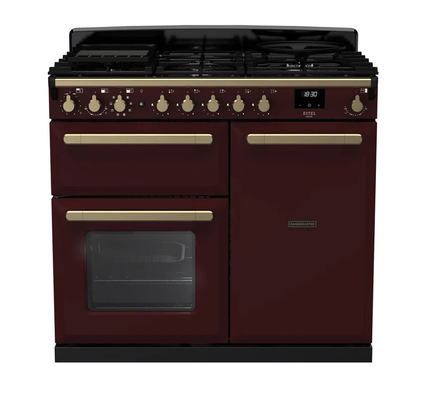 Rangemaster Estel Deluxe 100cm Dual Fuel Range Cooker - Bordeaux & Brass | ESDL100DFPBOR/AB1