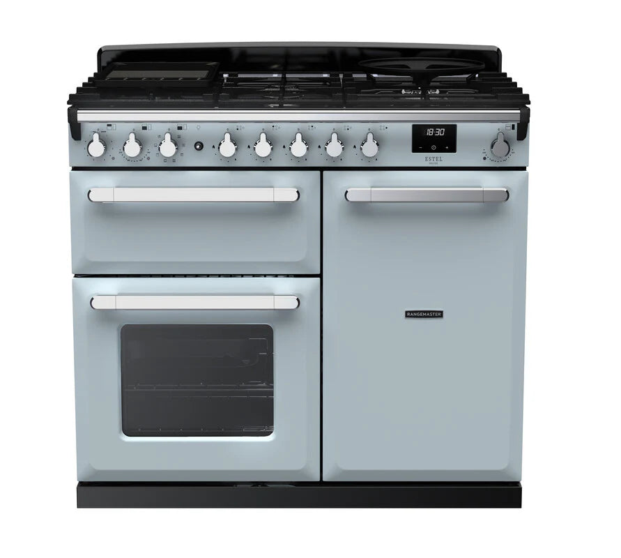 Rangemaster Estel Deluxe 100cm Dual Fuel Range Cooker - Misty Blue & Chrome | ESDL100DFPMSB/CM1