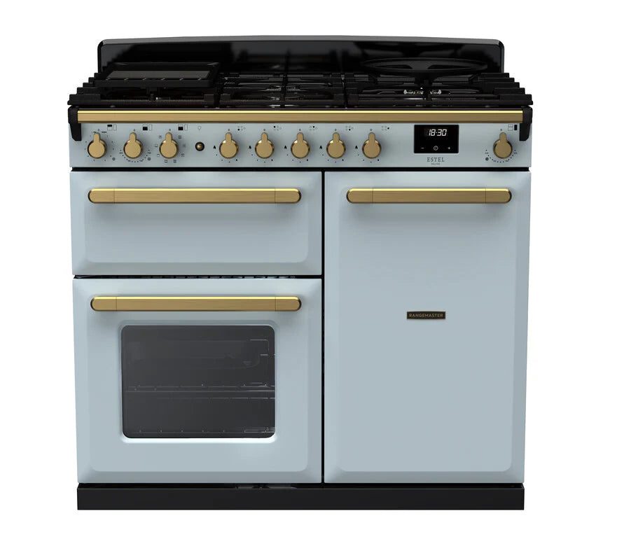 Rangemaster Estel Deluxe 100cm Dual Fuel Range Cooker - Misty Blue & Brass | ESDL100DFPMSB/AB1