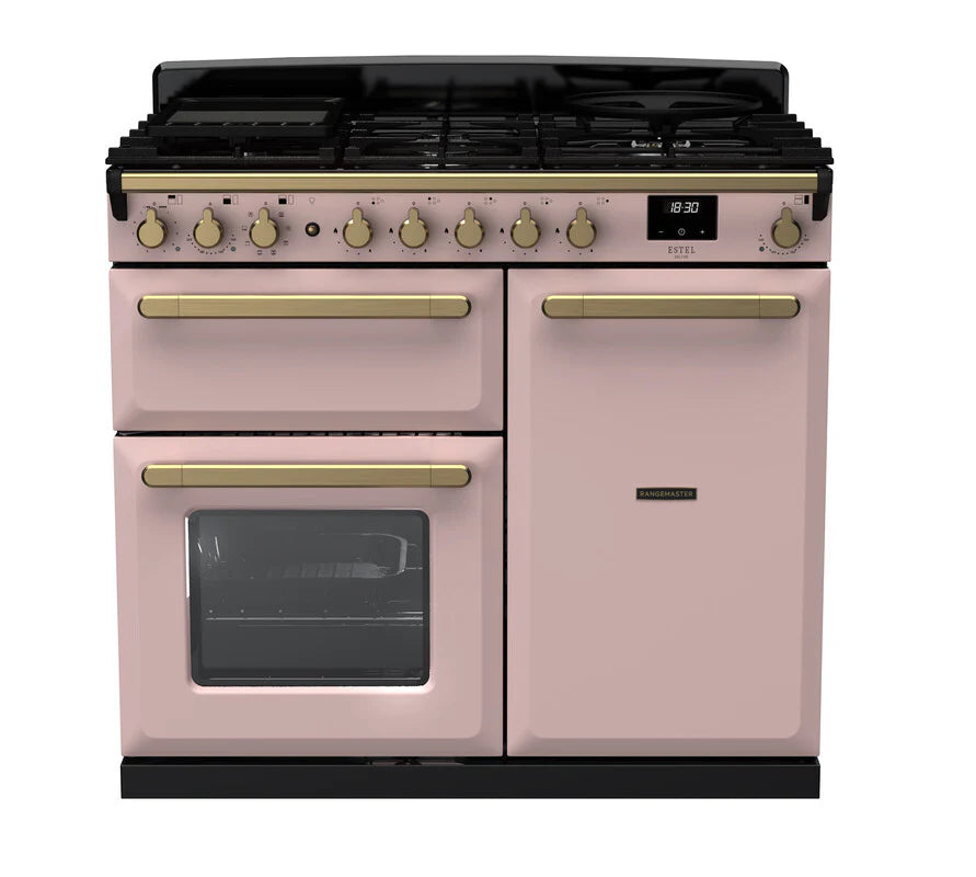 Rangemaster Estel Deluxe 100cm Dual Fuel Range Cooker - Pale Pink & Brass | ESDL100DFPPPK/AB1
