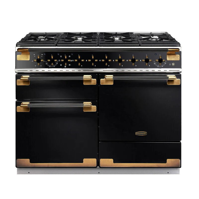 Rangemaster Elise Luxe 110cm Dual Fuel Range Cooker Black Edition - Black & Brass | ELS110DFFGB/BE