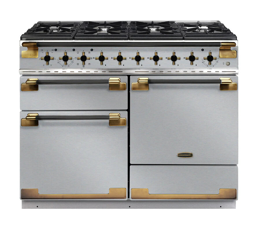 Rangemaster Elise Luxe 110cm Dual Fuel Range Cooker Black Edition - Stainless Steel & Brass | ELS110DFFSS/BE