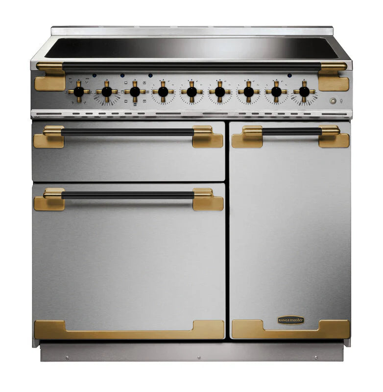 Rangemaster Elise Luxe 90cm Induction Range Cooker Black Edition - Stainless Steel & Brass | ELS90EISS/BE