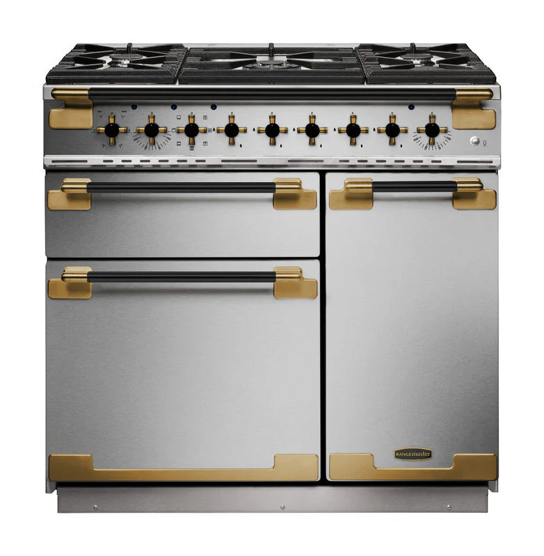 Rangemaster Elise 90cm Dual Fuel Range Cooker Black Edition - Stainless Steel & Brass | ELS90DFFSS/BE