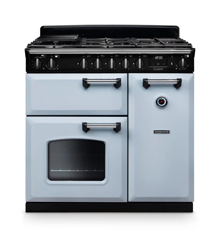 Rangemaster Classic 90cm Dual Fuel Range Cooker - Misty Blue & Chrome | CL90DFPMSB/CM1