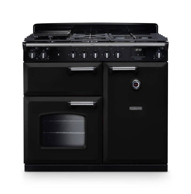 Rangemaster Classic 100cm Dual Fuel Range Cooker - Black & Chrome | CL100DFPGBL/CM1