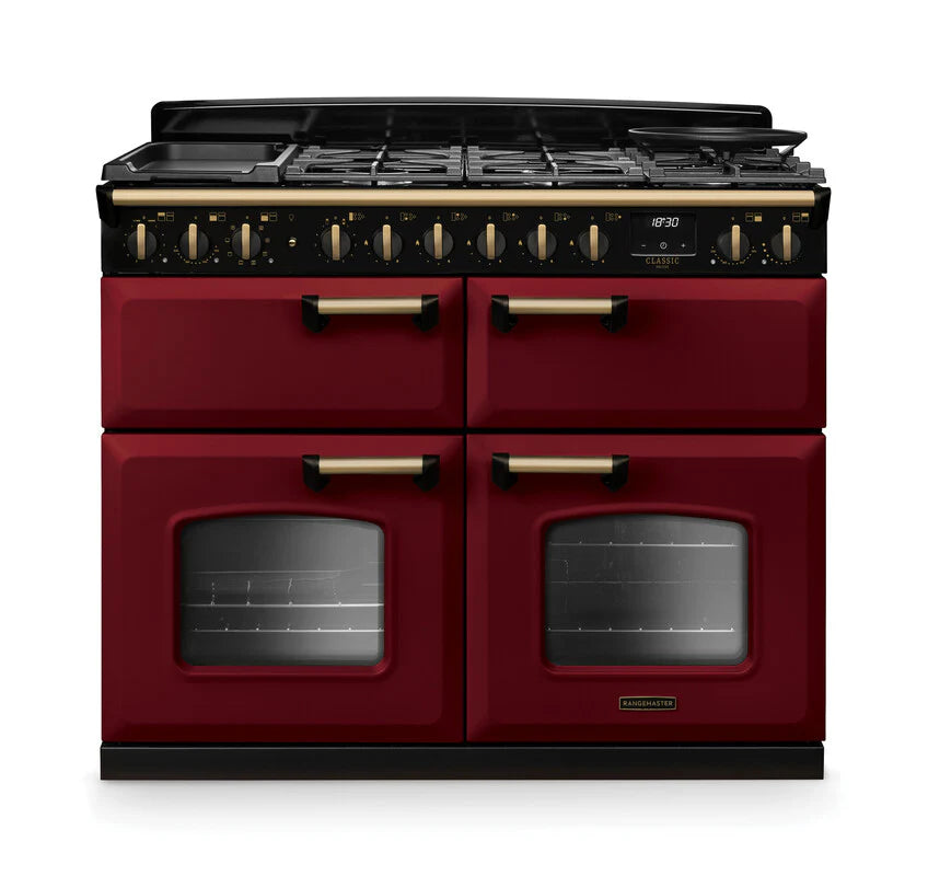 Rangemaster Clasic Deluxe 110cm Dual Fuel Range Cooker (Slow Cook) - Bordeaux & Brass | CLDLB110DFPBOR/AB1