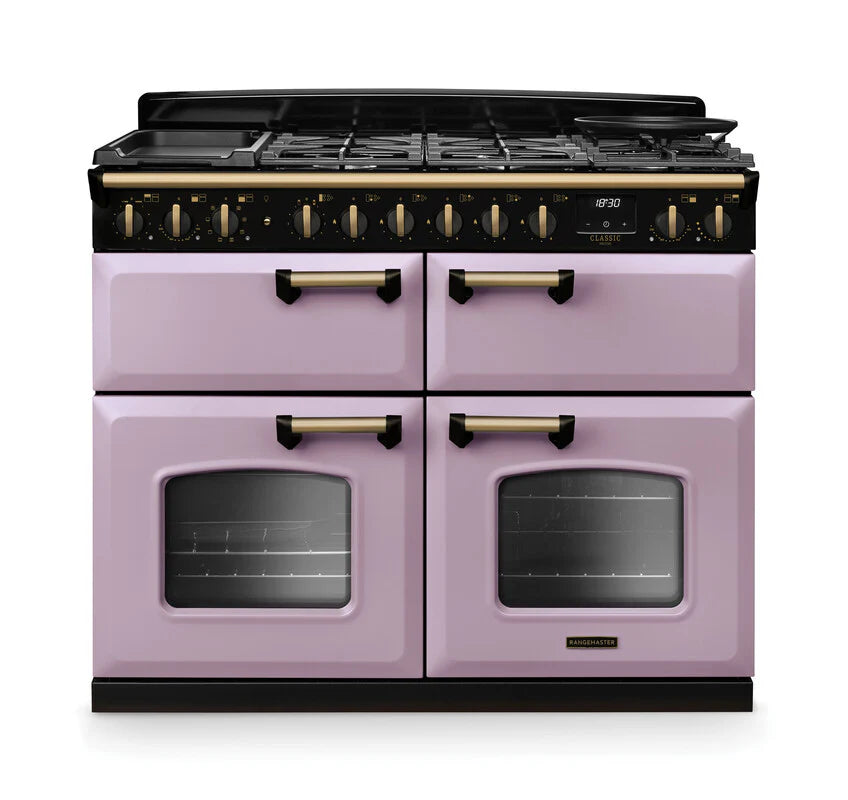 Rangemaster Clasic Deluxe 110cm Dual Fuel Range Cooker (Slow Cook) - Heather & Brass | CLDLB110DFPHTH/AB1
