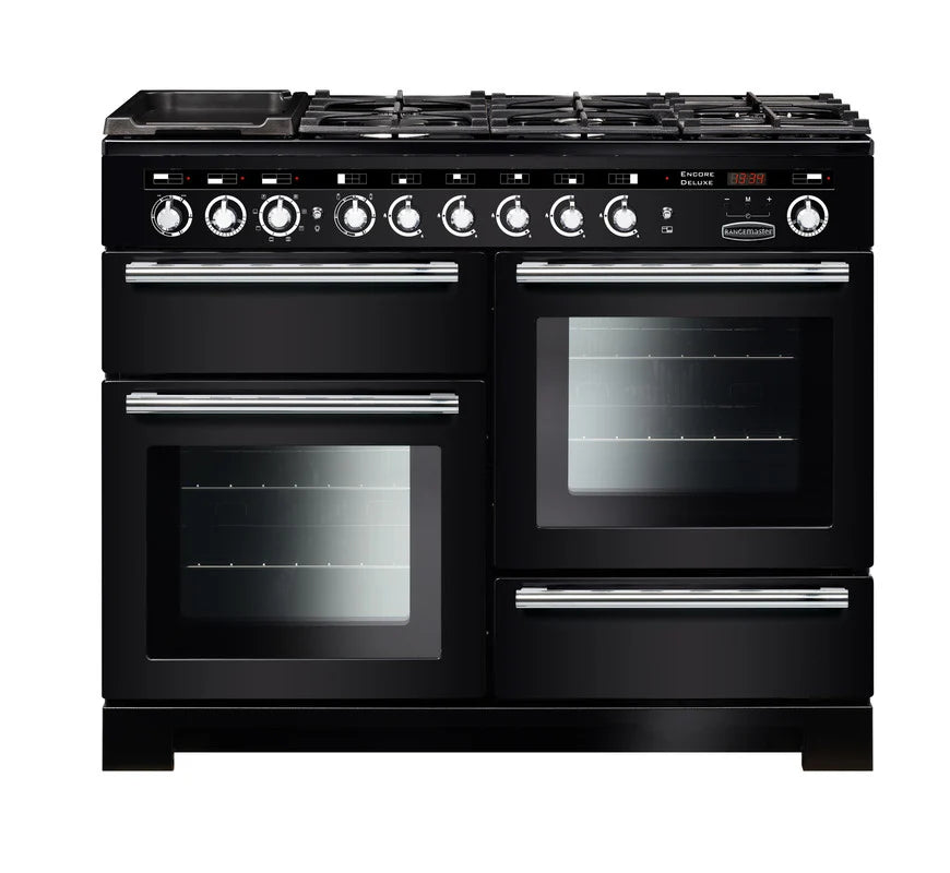 Rangemaster Encore Deluxe 110cm Dual Fuel Range Cooker - Black & Chrome | EDL110DFFBL/C